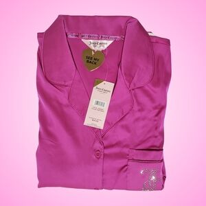 Juicy Couture Satin Pajama Set Short Sleeve Top & Shorts Large Pink Wave Studded